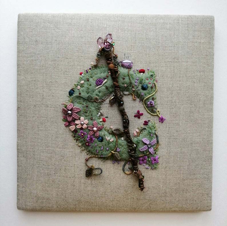 Caduceus Clay Inspired Freestyle, Stumpwork, Raised Embroidery, Hand Embroidered, Fibre Artwork