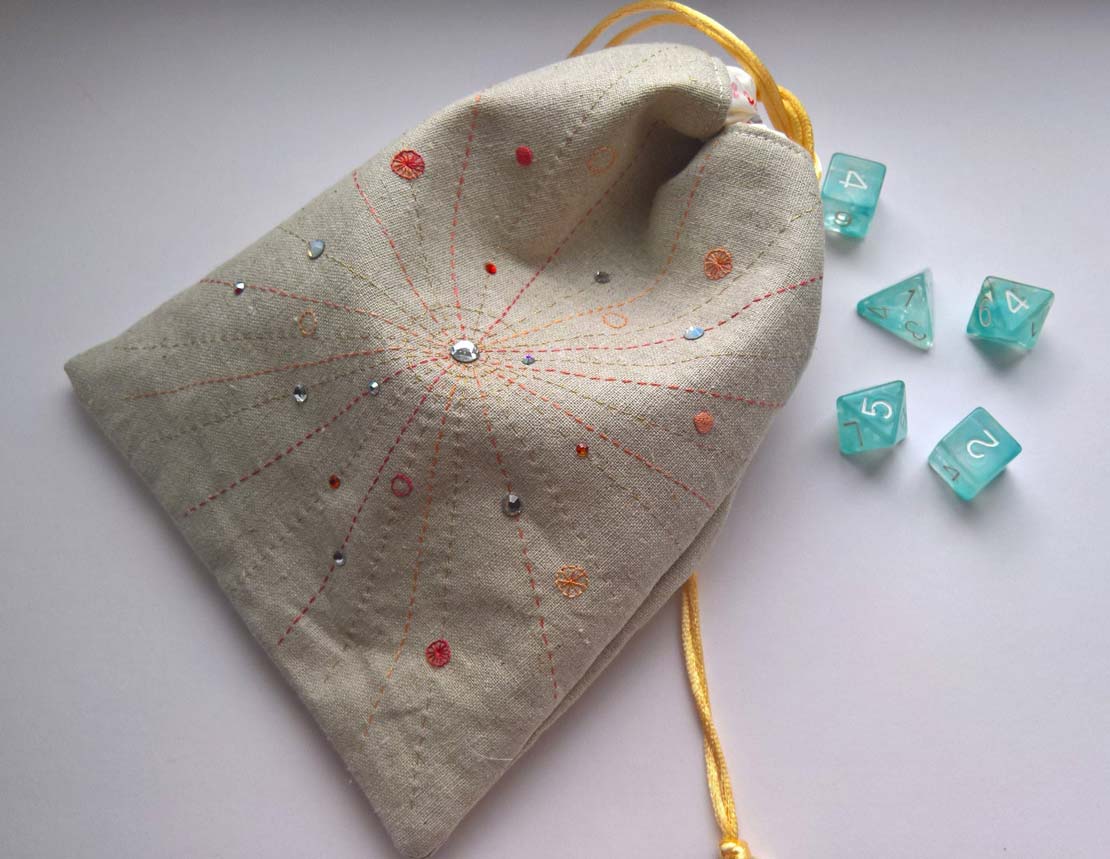 Sun Celestial Swarovski Crystal Embellished Hand Embroidered Draw String Dice Bag, Adventurer, Table Top Dice Bag 